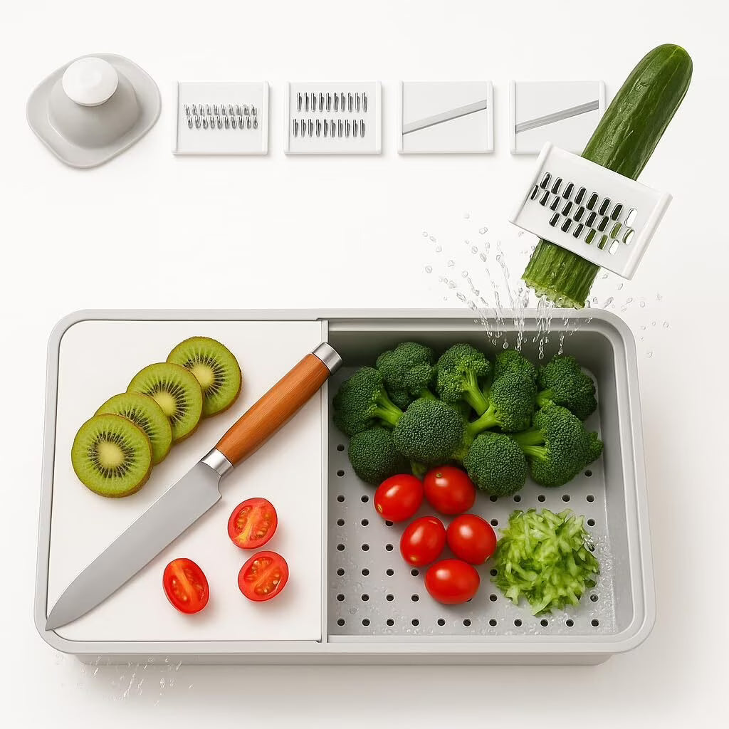 MHome 6-in-1 Multi-Functional Grater & Drainer Cutting Board | Chopping Board with Containers, Lids & Graters