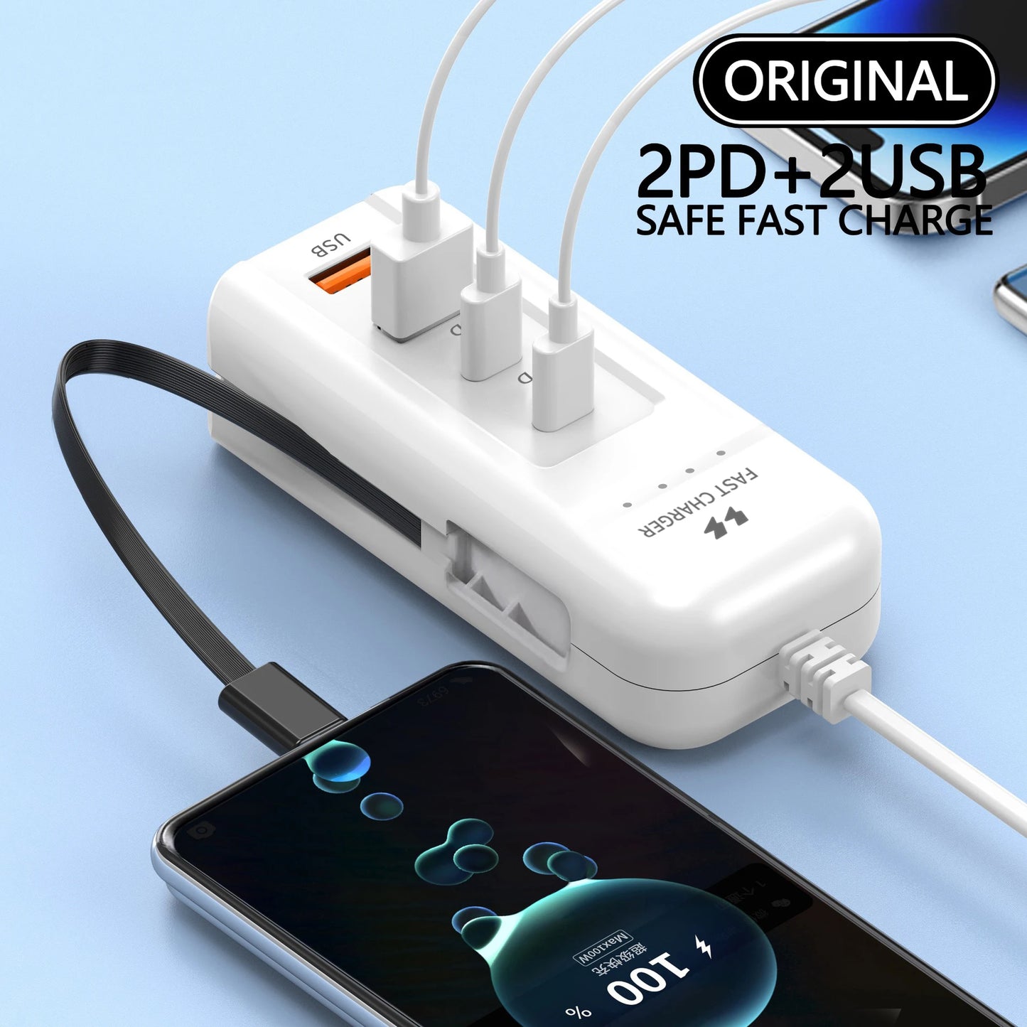 66W Fast Charger 4 Port USB & USB-C PD Adapter with Type-C Cable EU Plug