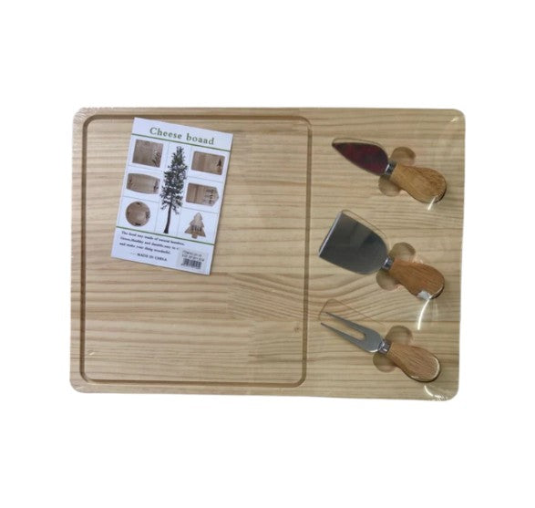 Bamboo Cheese Serving And Cutting Board With 3pc Knives Set