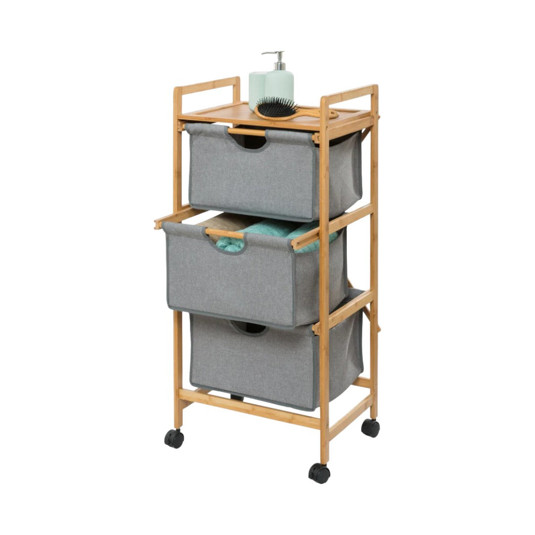 Laundry Trolley - 3 Drawer - Bamboo/Grey