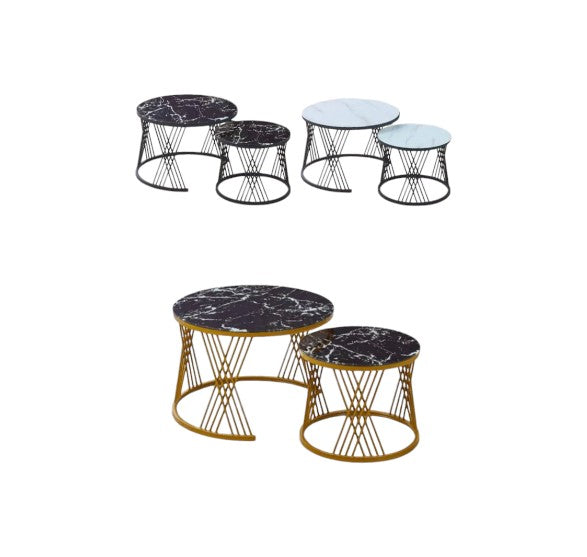 Round Coffee Table Set Of 2 Large Faux Black Marble Centre Table