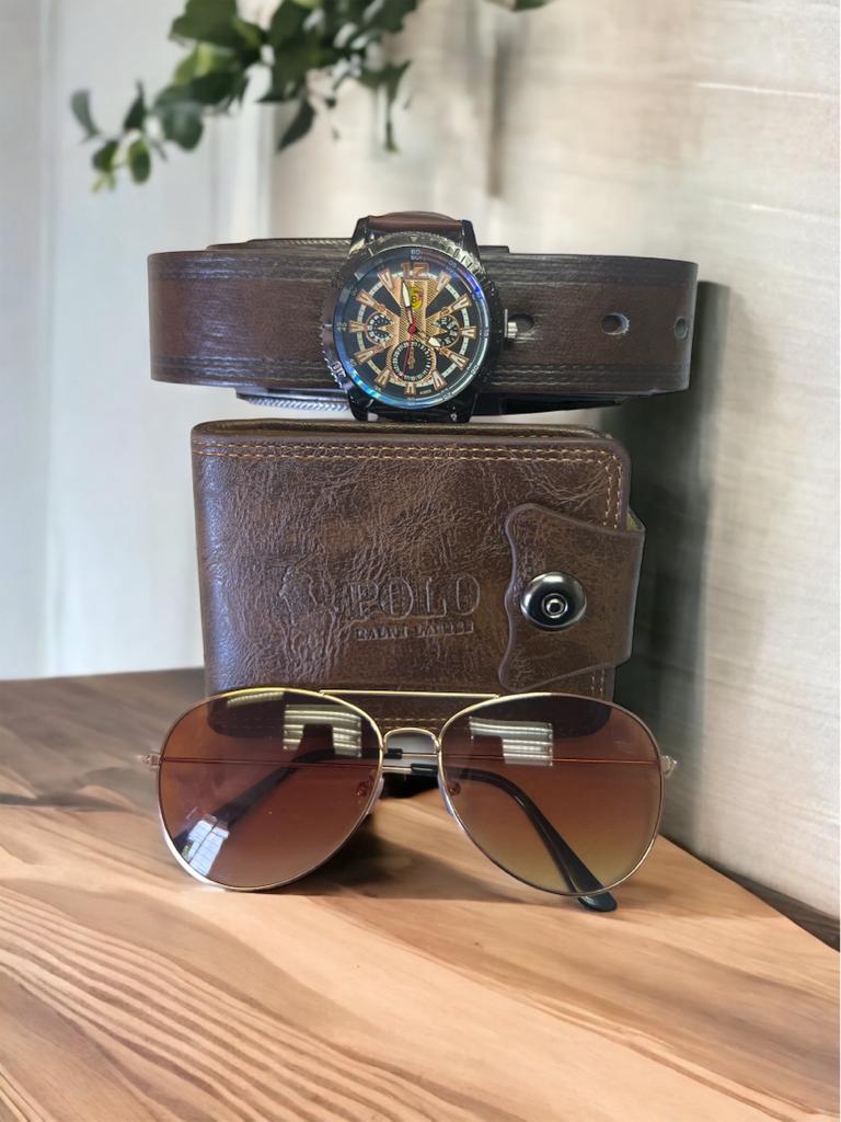 Gift Set Men's Brown Belt Watch, Sunglasses, & Wallet Megamall Online