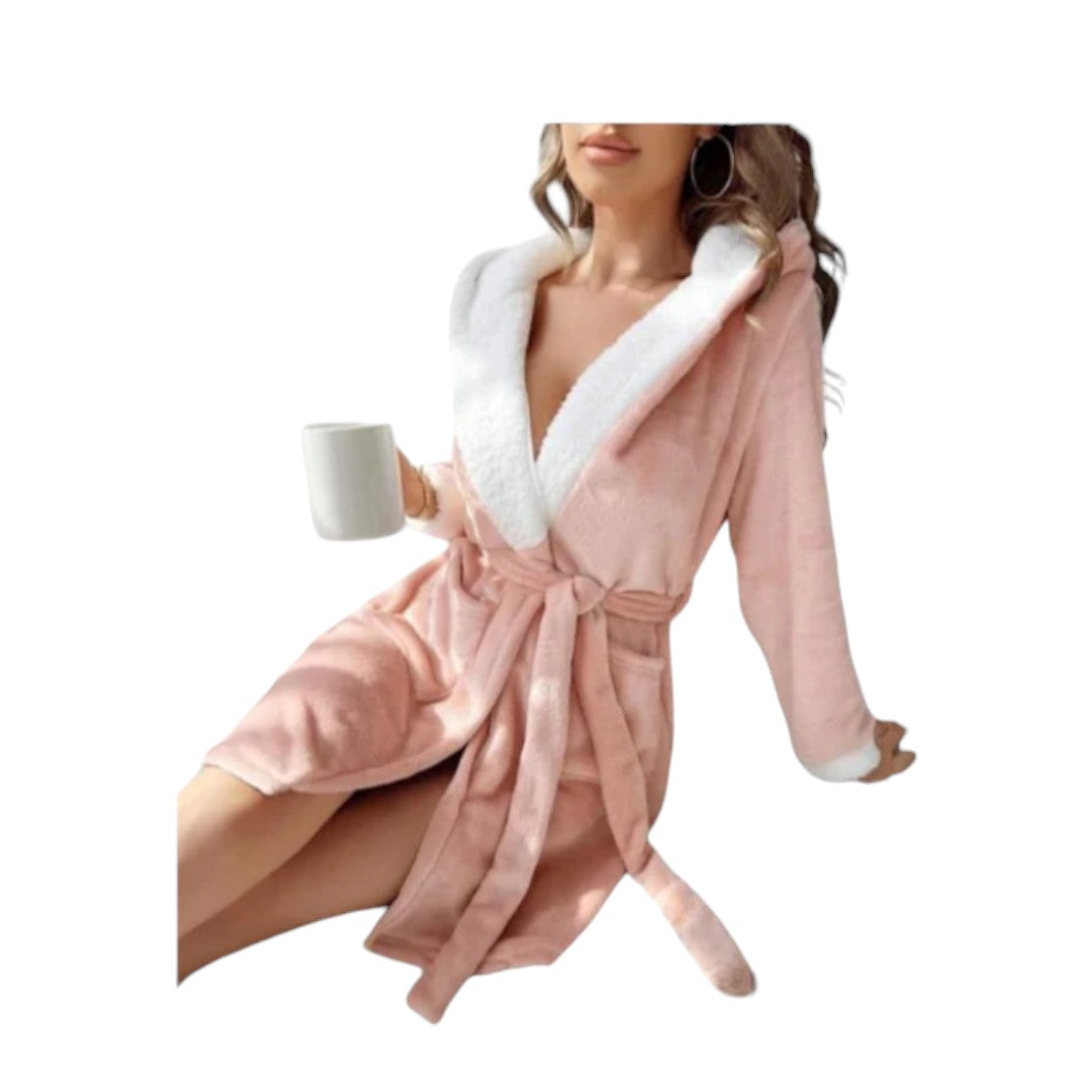 Contrast Fuzzy Trim Hooded Belted Robe Available In Various Colours