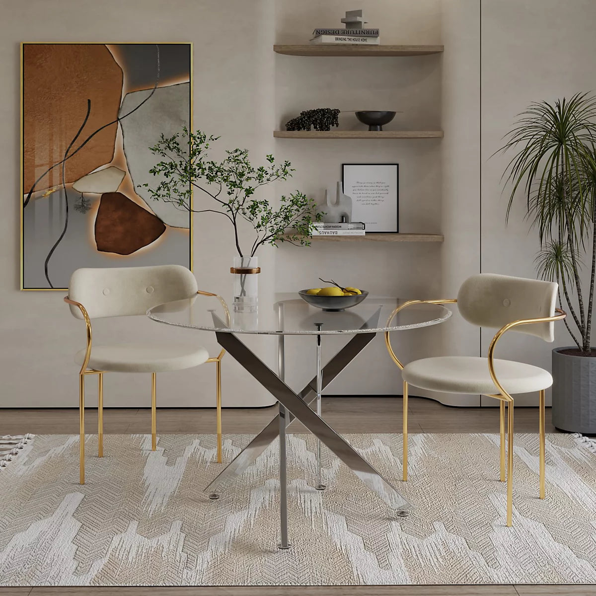 MFURN 130cm Round Glass Dining Table with Chrome Cross Metal Legs