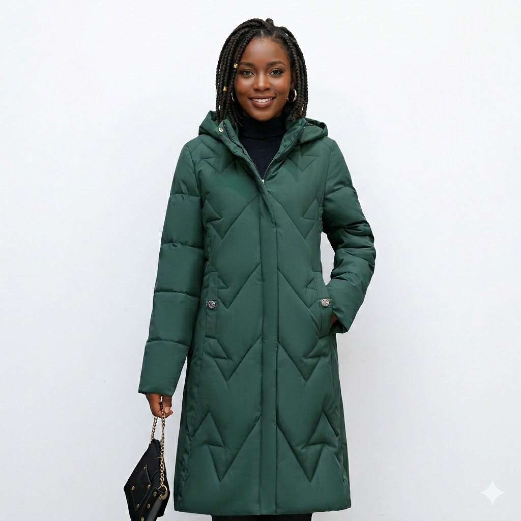 Trendy Chevron Quilted Longline Puffer Coat with Hood