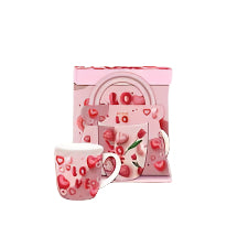 Pink and White Gift Coffee Mug Decorated With Red hearts