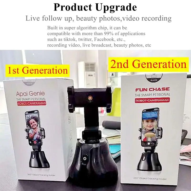 Apai Genie 360 Degree Rotation Panoramic Head Bluetooth Auto Face Tracking Object Tracking Holder with Phone Clamp for Smartphones, GoPro, DSLR Cameras(Black)