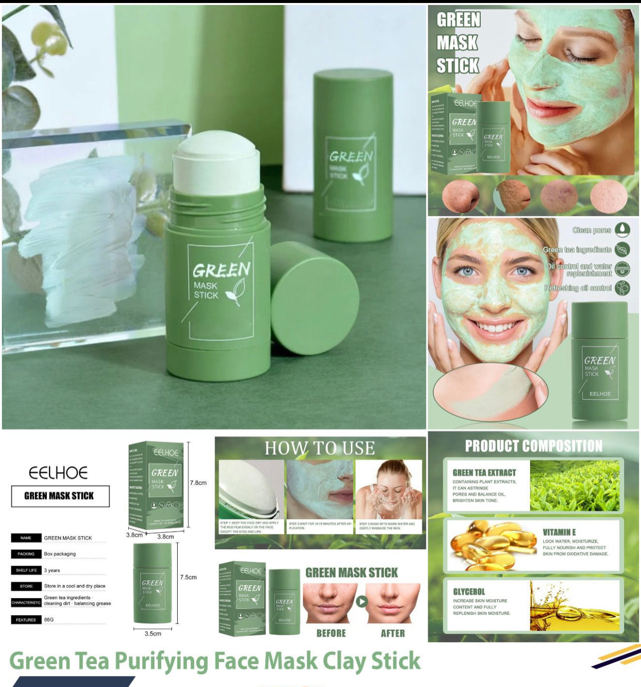 Green Tea Mask Stick Blackhead Remover Deep Cleansing Smearing Clay Mo