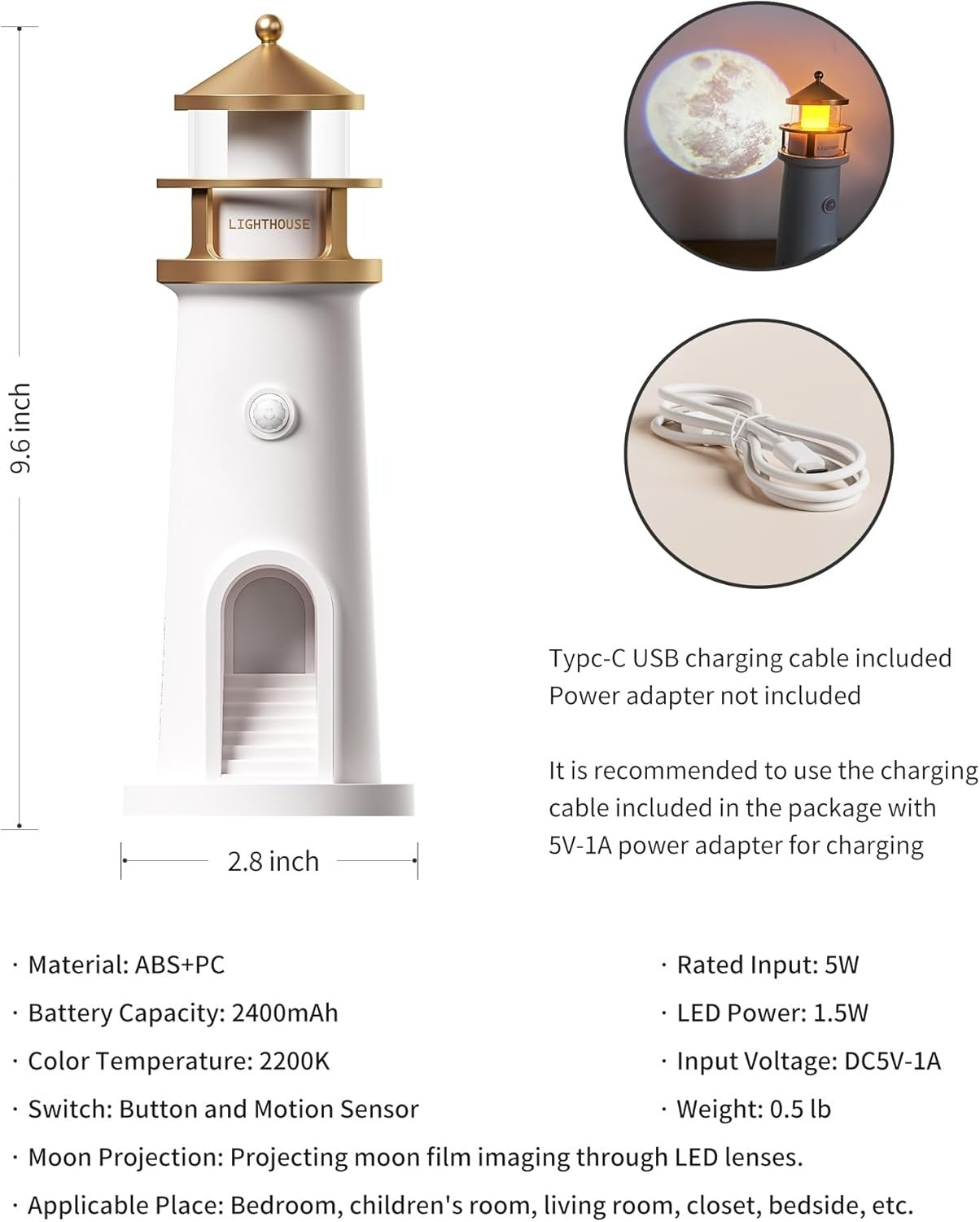 MHome Rechargeable Moon Projection Lighthouse Lamp with Remote Control