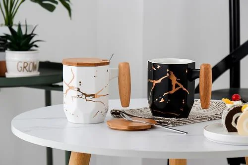 Ceramic Coffee Mug with a Wooden Handle , Wooden lid and a Stainless steel Silver Spoon