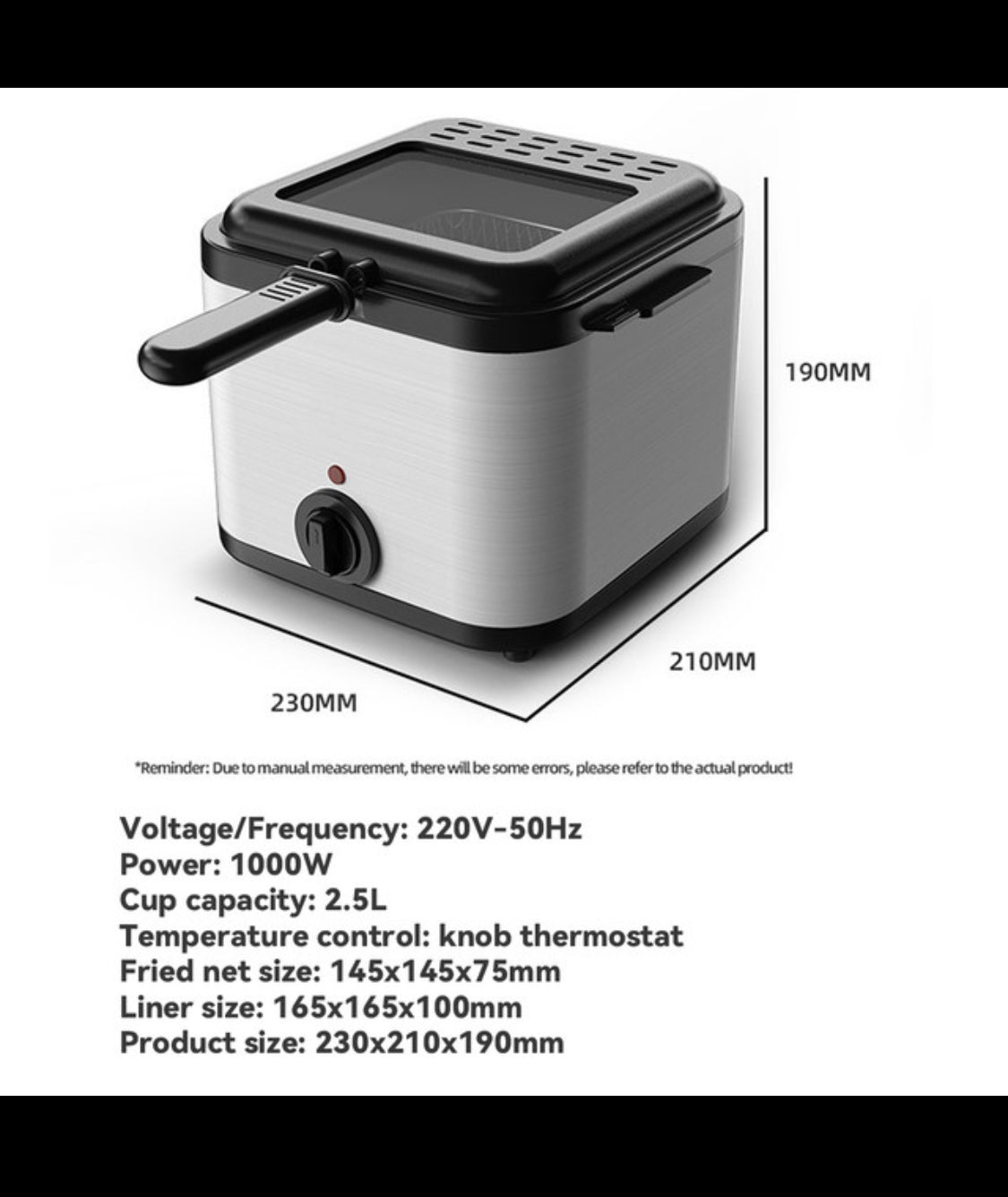 2.5L Electric Deep Fryer – Non-Stick, Fast Heating Oil Fryer with Basket, Temp Control, 1000W
