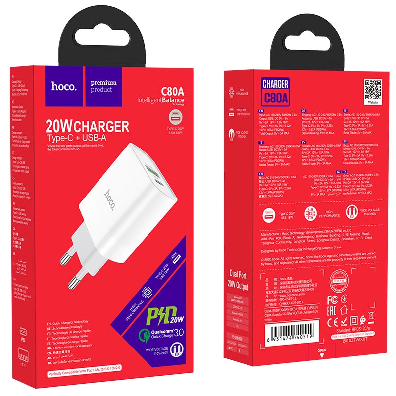PD20W+QC3.0 Adapter Charger, USB / Type-C output, EU plug