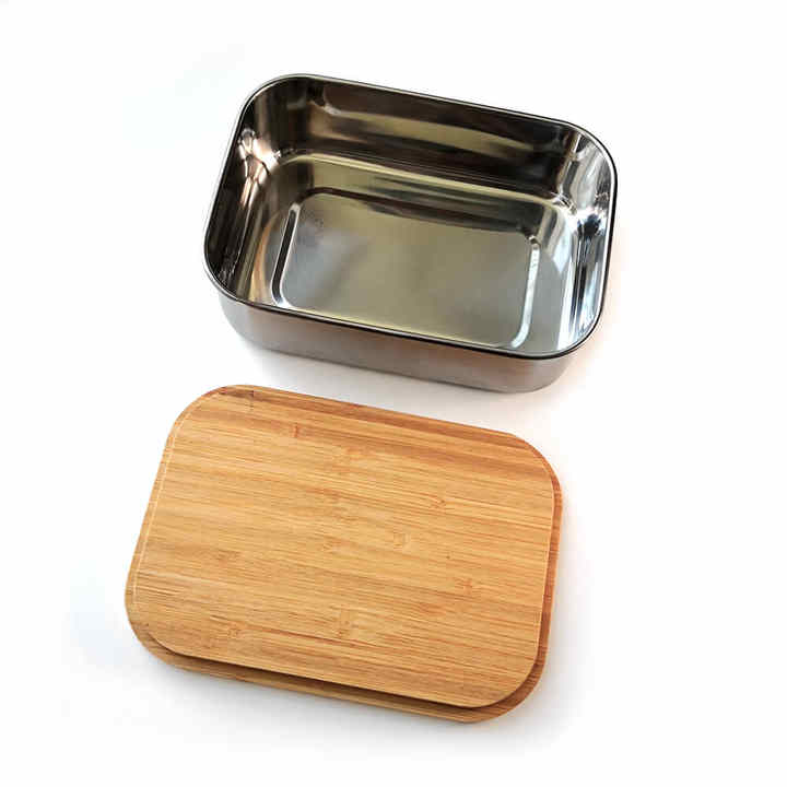 Stainless Steel Lunch Box with Square Bamboo Sushi Box with Wooden Lid
