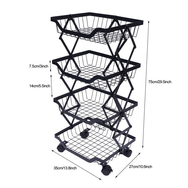 Rolling Cart Stackable Fruit Vegetable Basket Storage Shelf 4 Tier