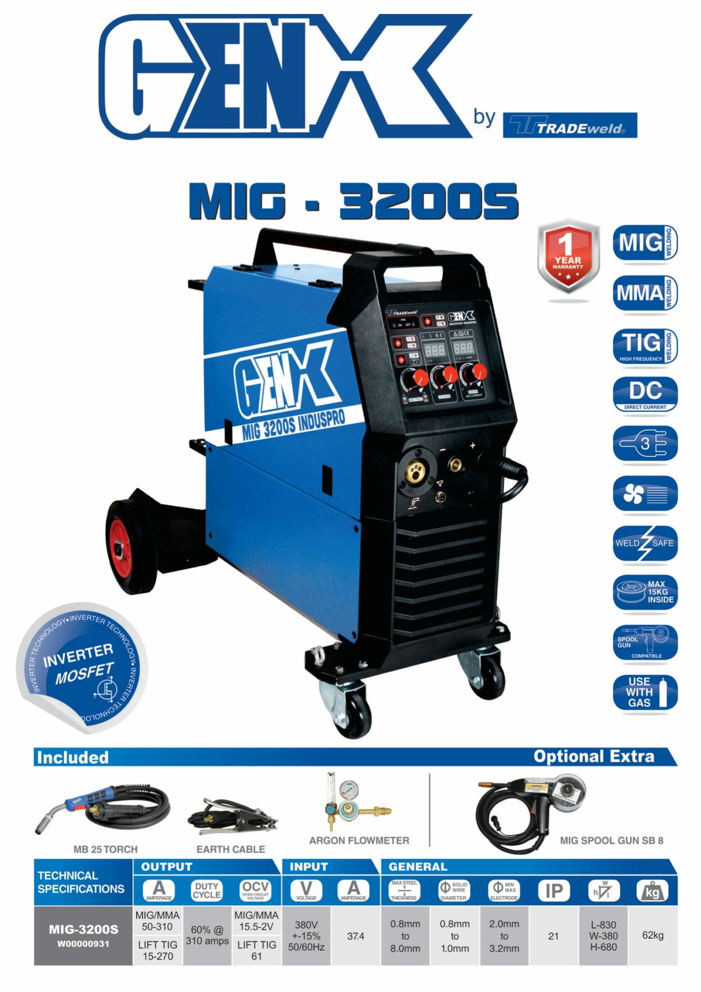 TradeWeld MIG 3200S Induspro Inverter Welder - 300Amp, 380V
