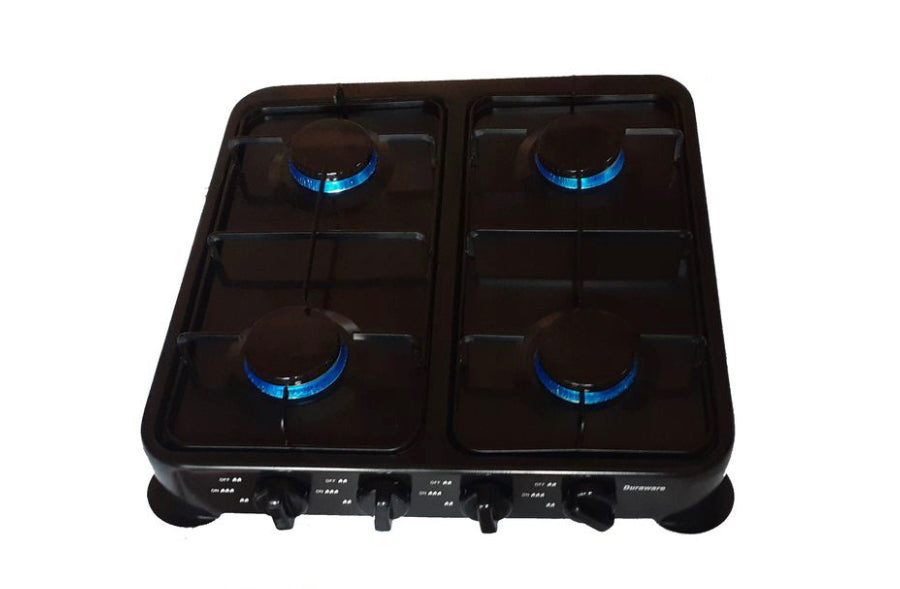 Black 4 Plate Gas Stove – Stainless Steel LPG Cooktop with Adjustable Flame & Manual Ignition