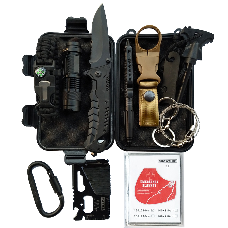 Front Line Survival Tool Kits 12-in-1 Emergency Tools, Rock Climbing Gear, Emergency Blankets, Survival Bracelet, Tactical Pen, Tactical Flashlight