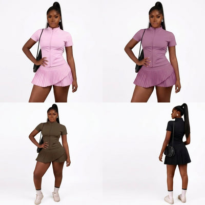 Women’s Short Sleeve Pleated Tennis Dress with Built-In Shorts