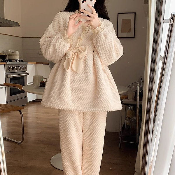 Ladies Coral Fleece Pyjamas  Autumn/Winter Thick Padded Warm Sweet Lace Suit Winter-Various Colours