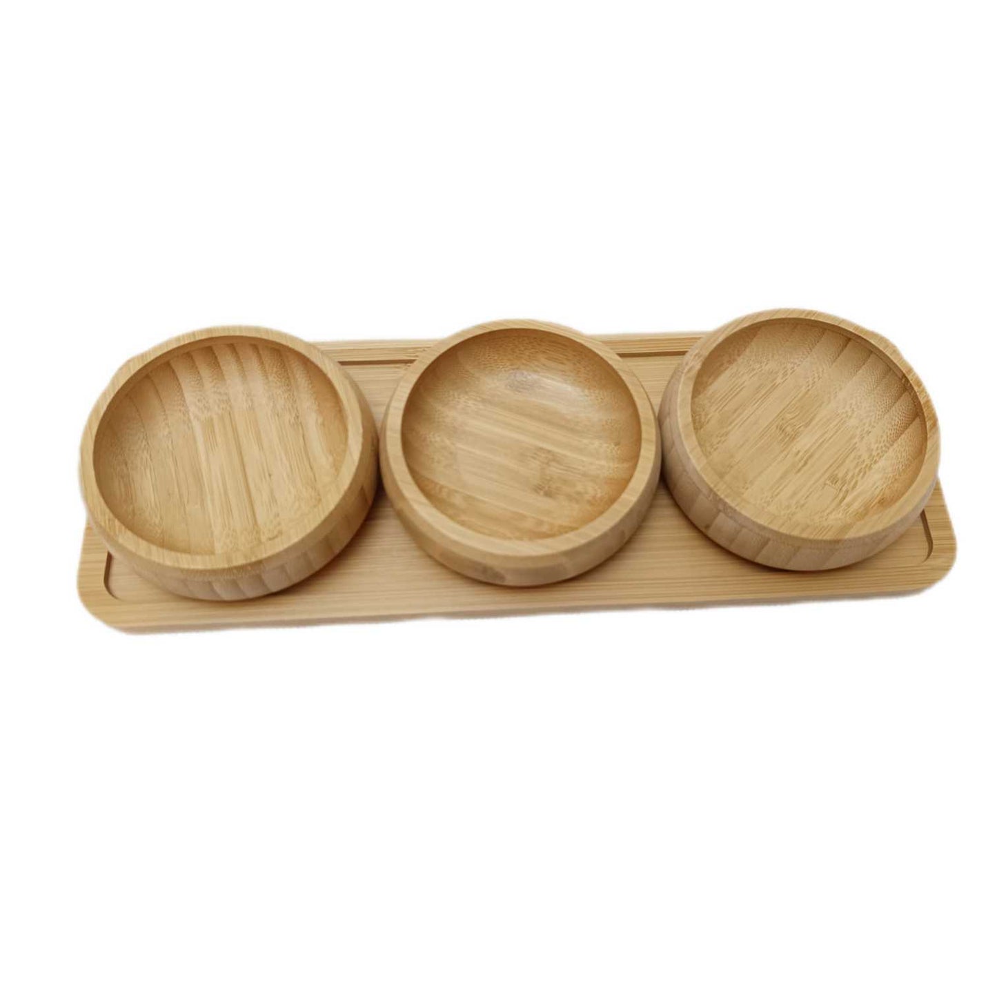 MHome 3pc Bamboo Snack Plate Set – Wooden Condiment Tray with 3 Serving Bowls