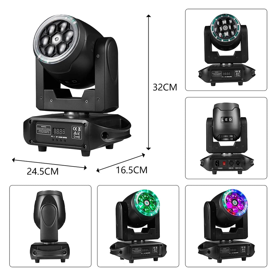 MTech 7x15W RGBW Moving Head Light With Bee's Eye 360° Rotation Halo Strip DMX512 Voice Control for Wedding Party And Ball