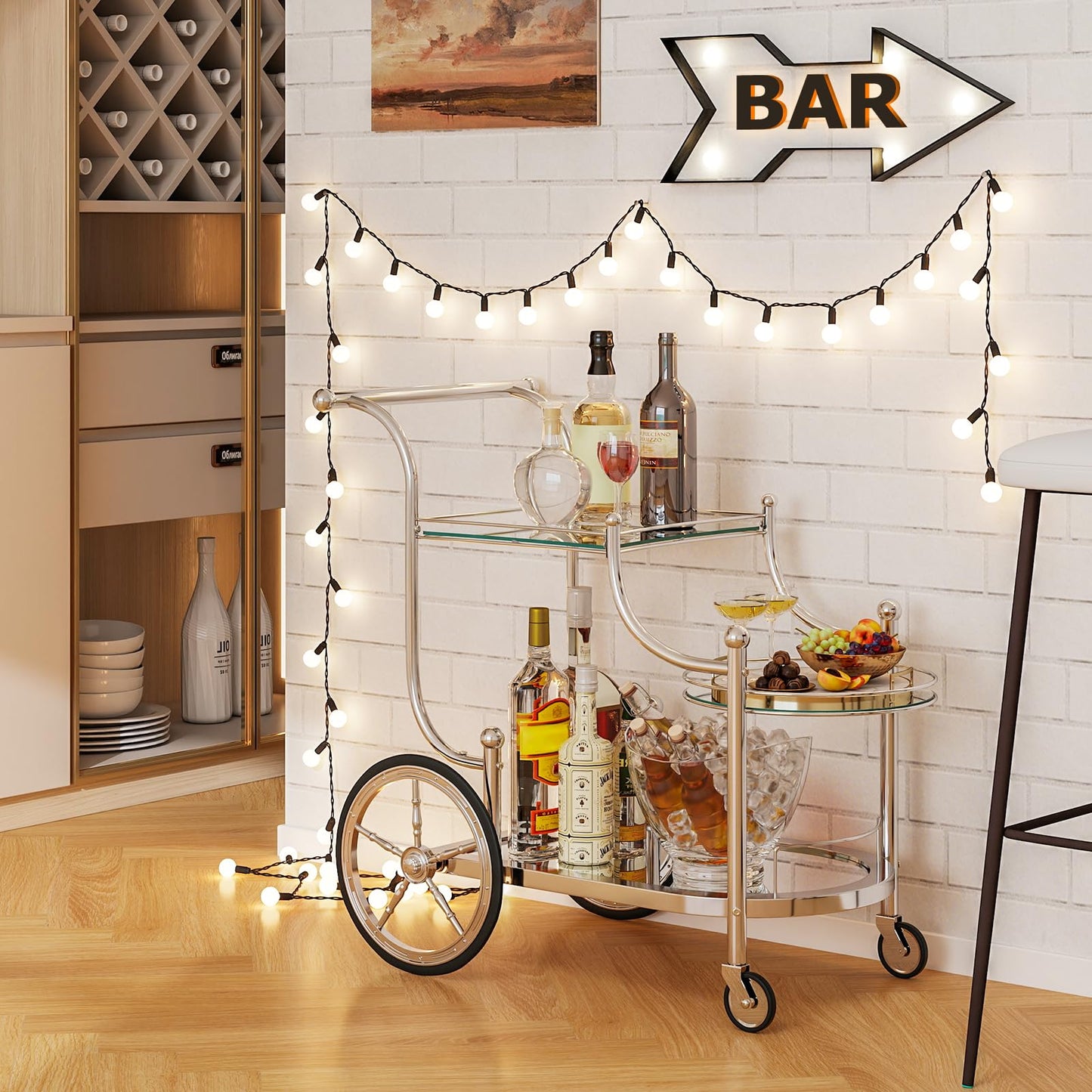MFurn 3-Tier Rolling Bar Cart – Mirrored Glass Shelves with Wheels
