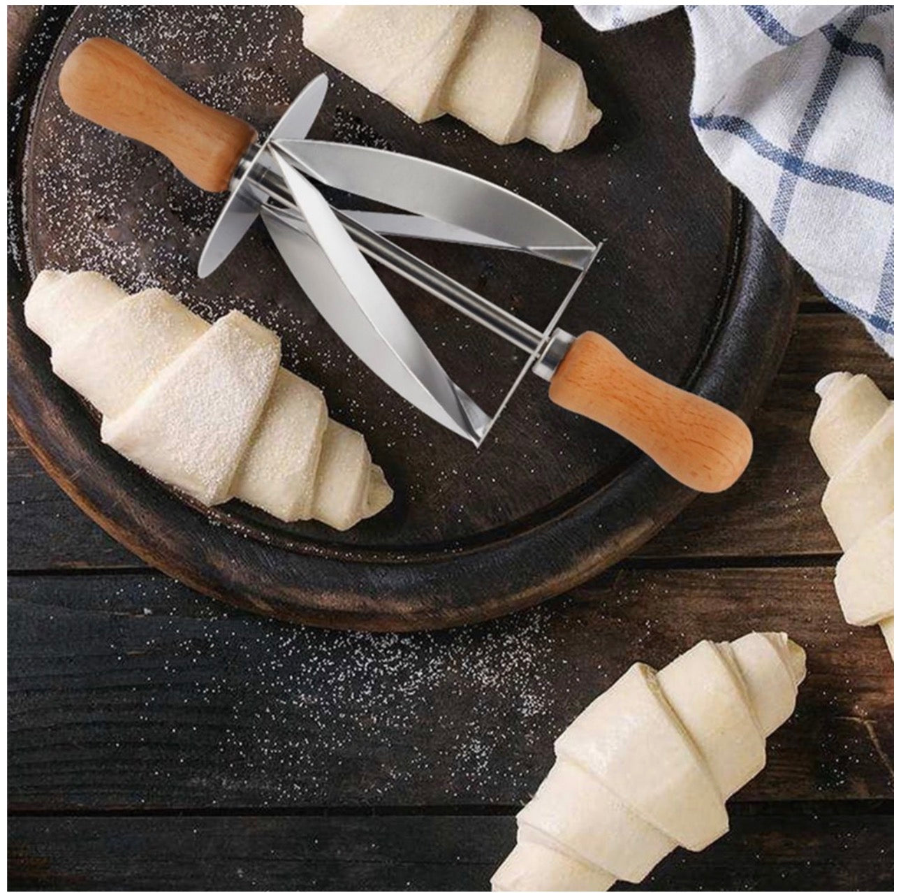 MHome Stainless Steel Croissant Rolling Cutter Bread Dough Pastry Making Tool with Wooden Handle