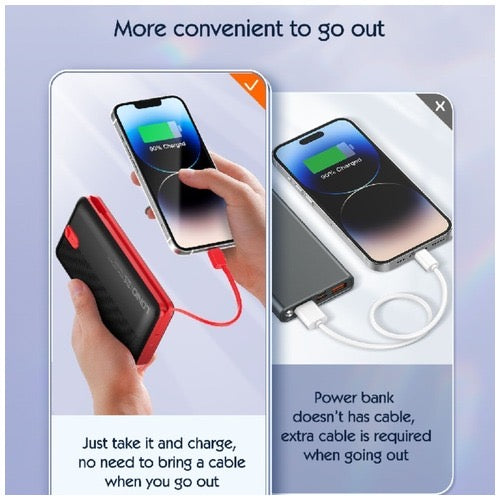 LDNIO PQ24 - 20000mAh Power Bank with Built-in Cables - 22.5W MAX - BLACK