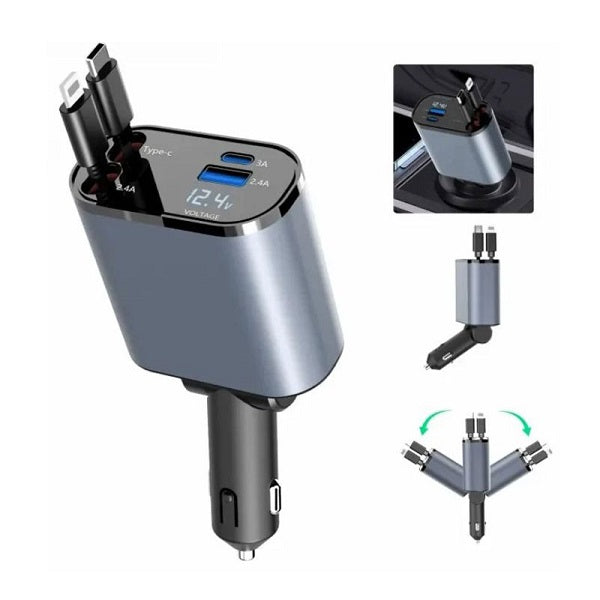MTech 4-in-1 Retractable Car Charger – 120W Fast Charging USB-C & Lightning Cables