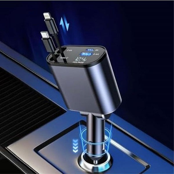 MTech 4-in-1 Retractable Car Charger – 120W Fast Charging USB-C & Lightning Cables