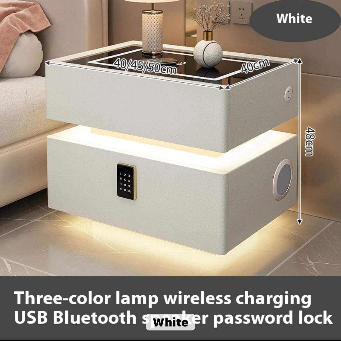 Nordic style smart bedside cabinets with wireless charging, Bluetooth speaker, LED strip, and secure password lock drawer-Available In Various Colours PreOrder Sales Now Available!