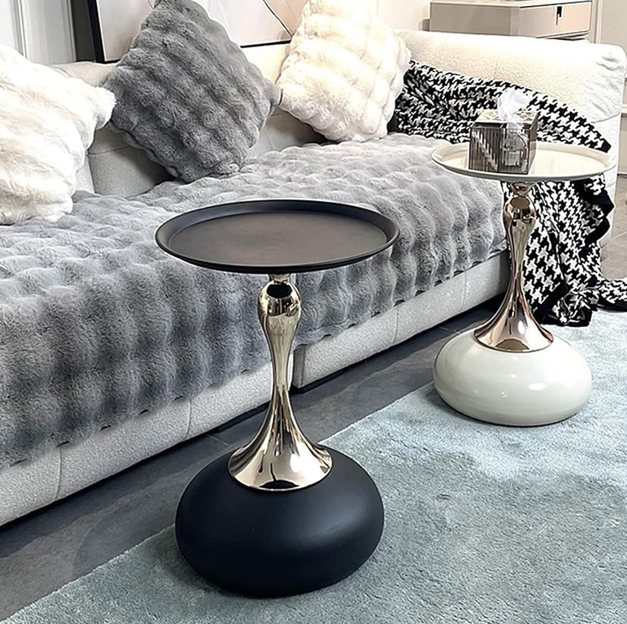 MFurn Small Round End Table – Modern Metal Pedestal Side Table for Living Spaces