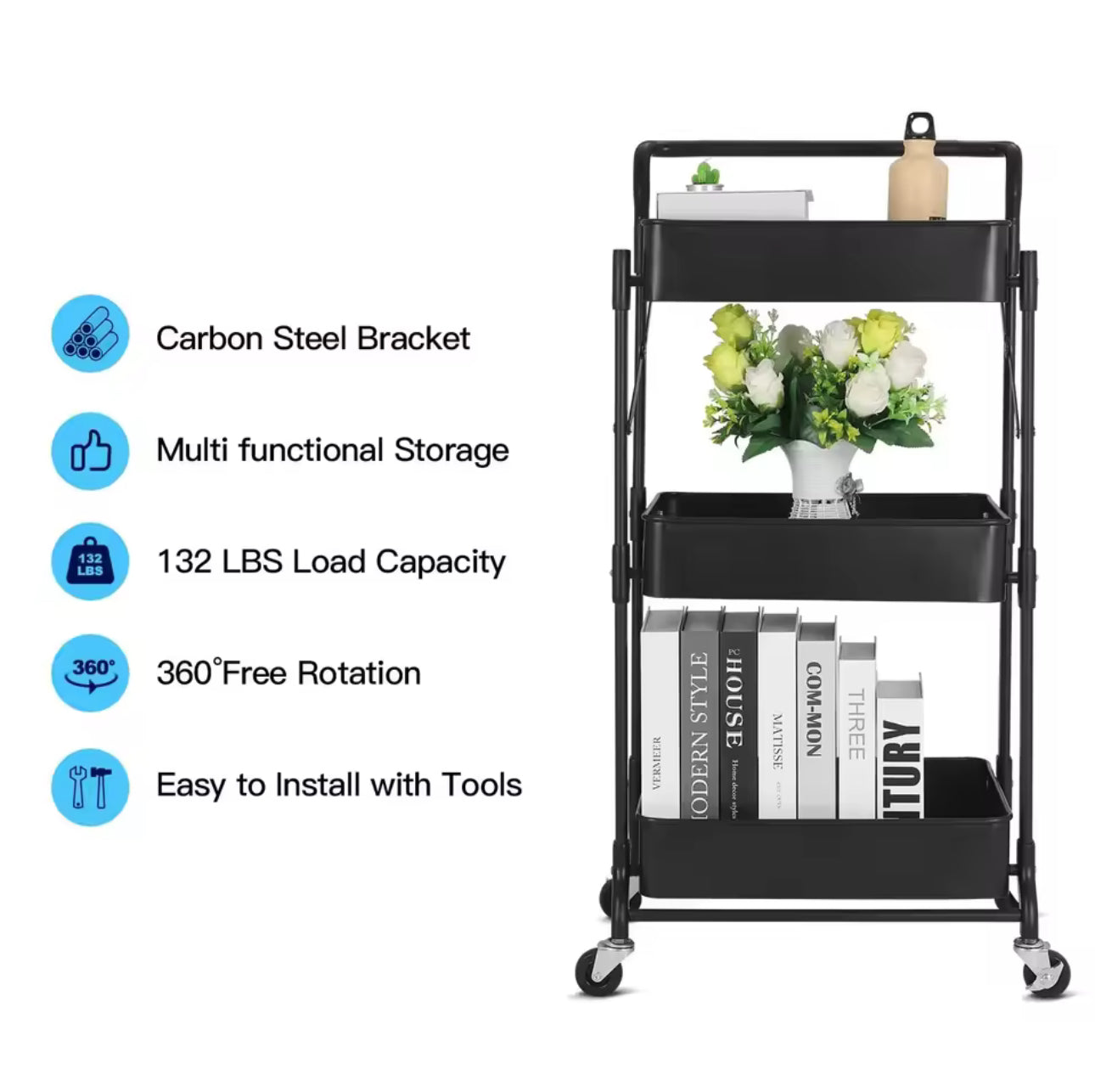 MHome 3-Tier Foldable Metal Kitchen Trolley – Utility Shelf on Wheels