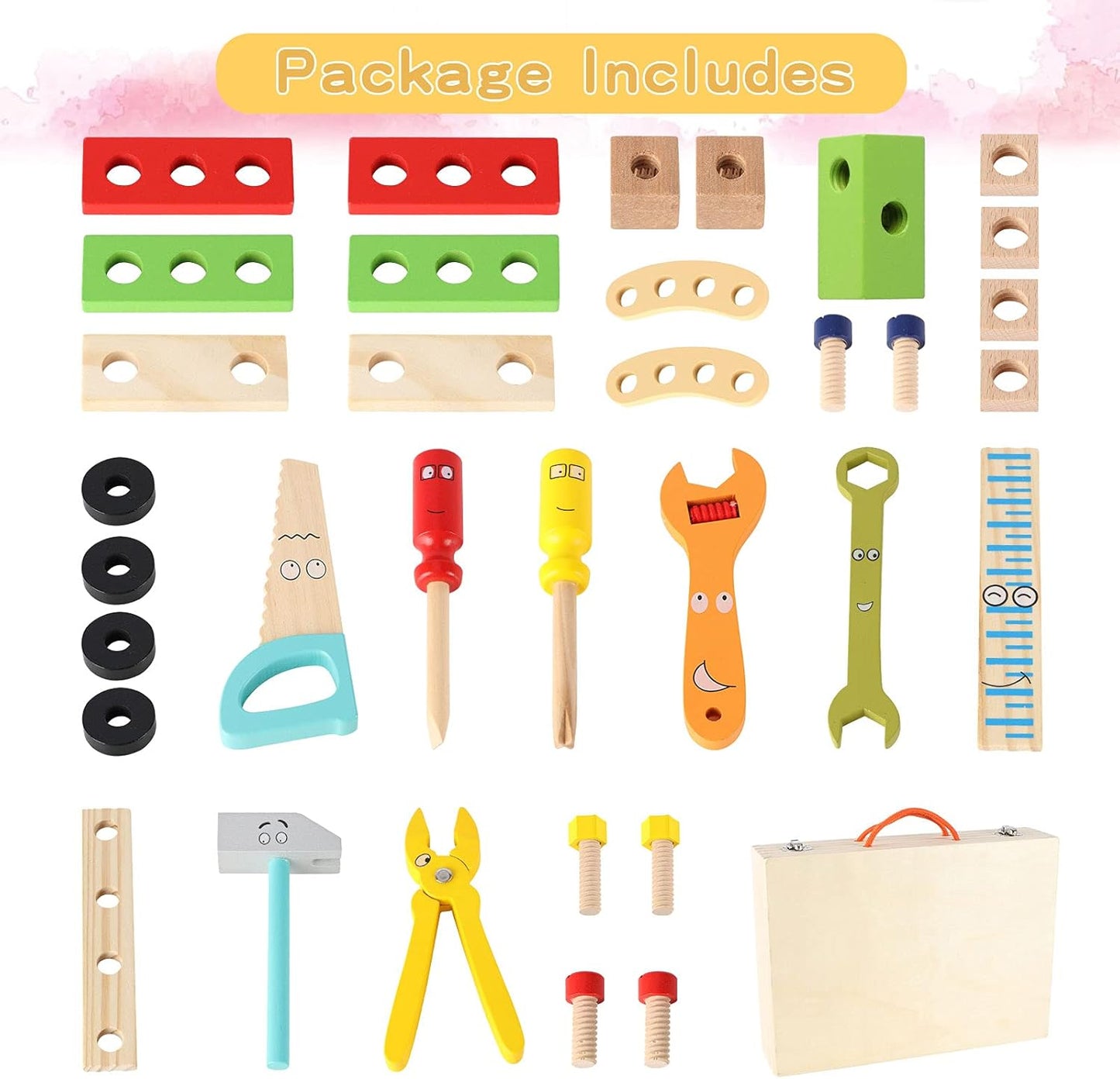 34 Pcs Wooden Tool Kit for Kids | Pretend Play Construction Toy Set | Montessori Educational Building Toy Set