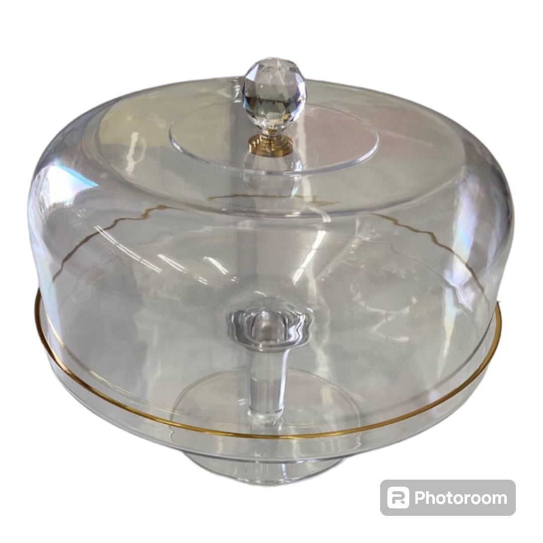Cake Stand & Dome Cover Lid Serving Plate with Gold Lining- Glass 28cm