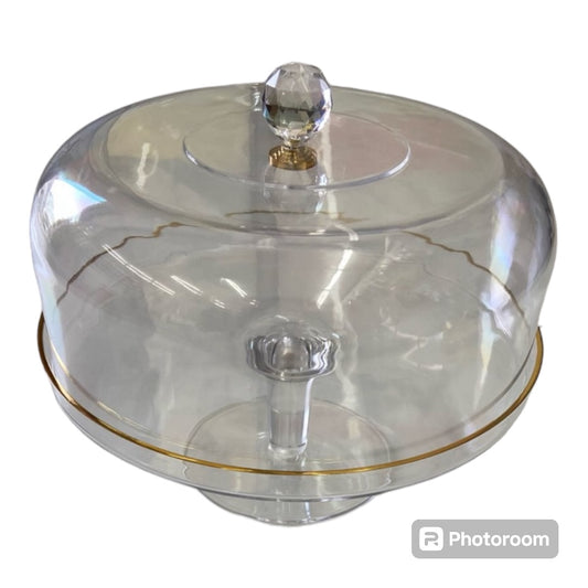 Cake Stand & Dome Cover Lid Serving Plate with Gold Lining- Glass 28cm