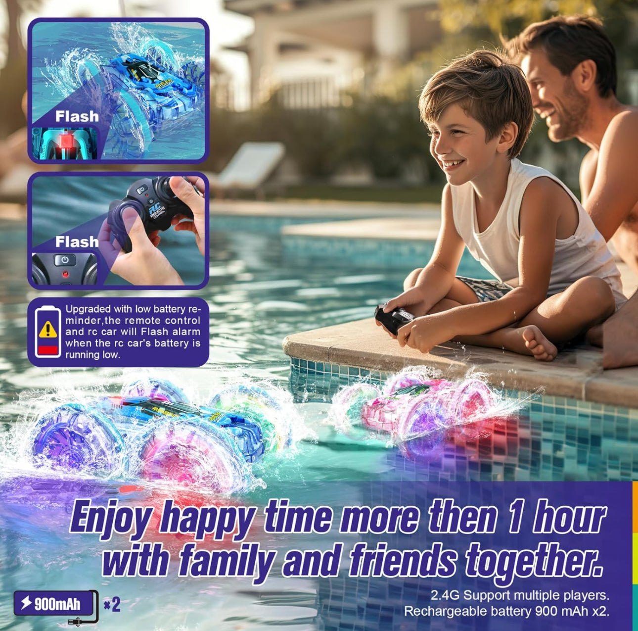 Amphibious Remote Control Car, RC Car with Lights 2.4GHz Waterproof RC Stunt Car 360° Flips Rotation, All Terrain Water Beach Pool Toys for Kids, Gifts for Boys Girls