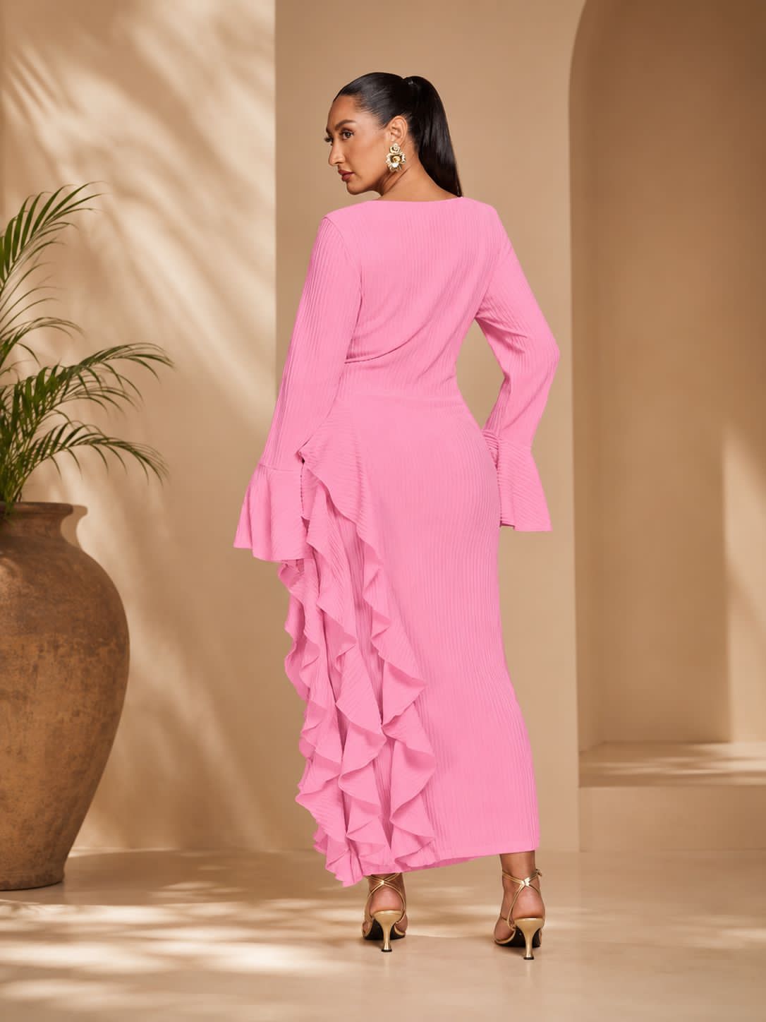 Ladies Elegant Long-Sleeved Ribbed Maxi Dress-Various Colours