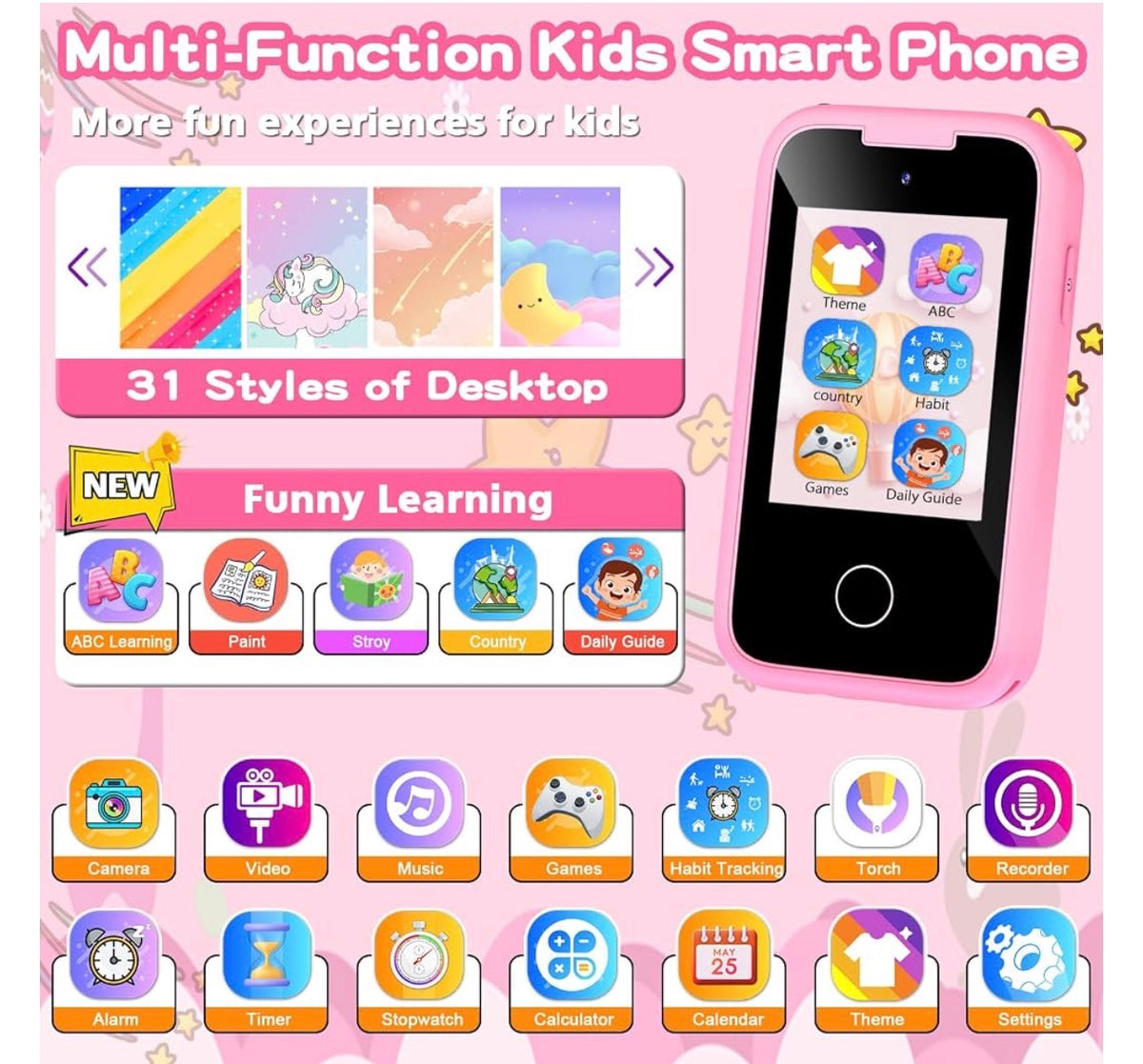 MTech
Kids Phone for Girls Toys, Gifts for 3-12 Year Old Girls Boys Christmas Birthday Kids Toys, Touchscreen Toddler Learning Cell Toy Phone with Dual Camera, Game, Music Player, 8GB Card