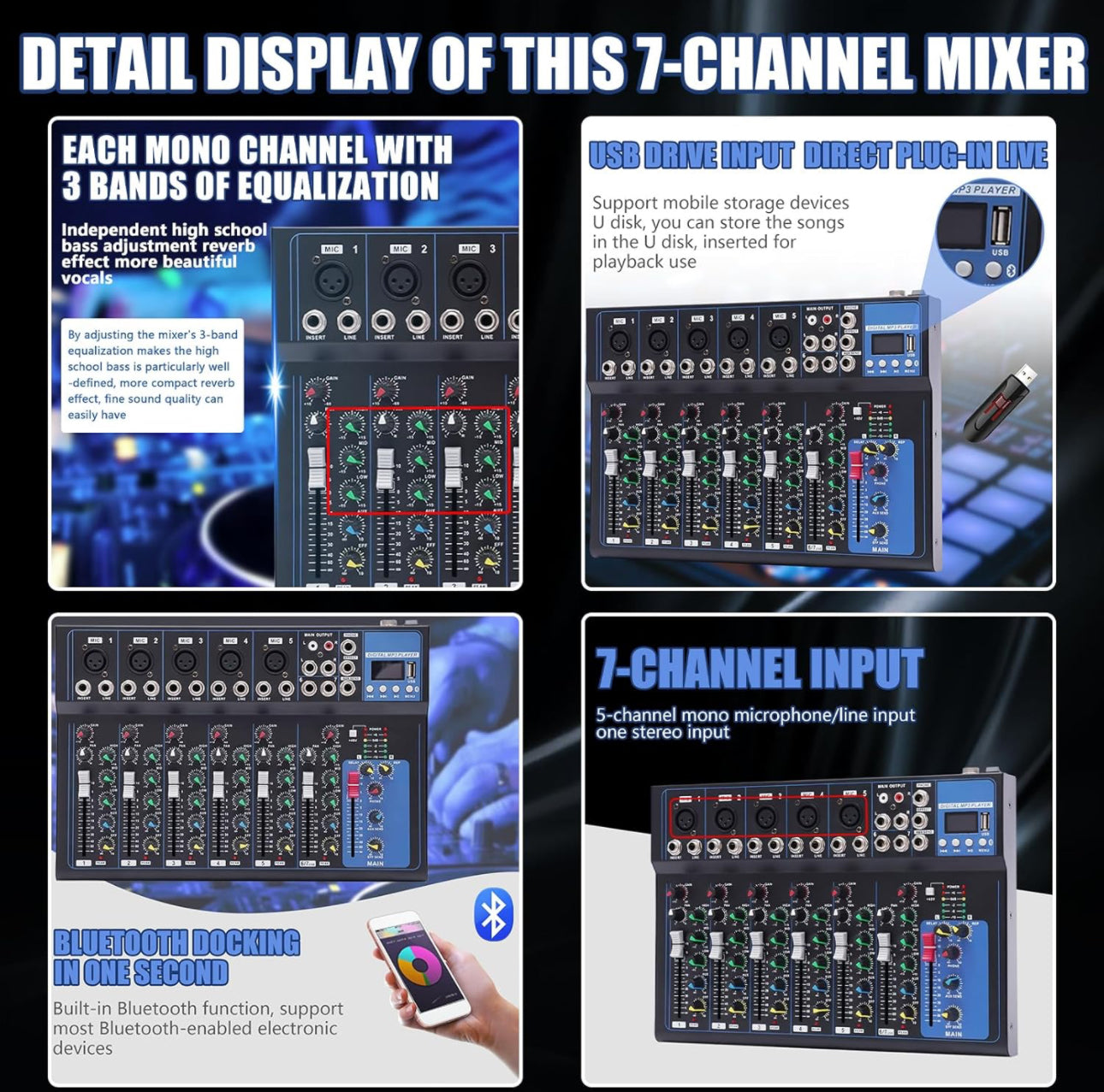 Lexuco 7 Channel Mixer with Bluetooth and USB Mixer