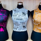 Ladies Newspaper Print Mock Neck Crop Tank Top Various Options