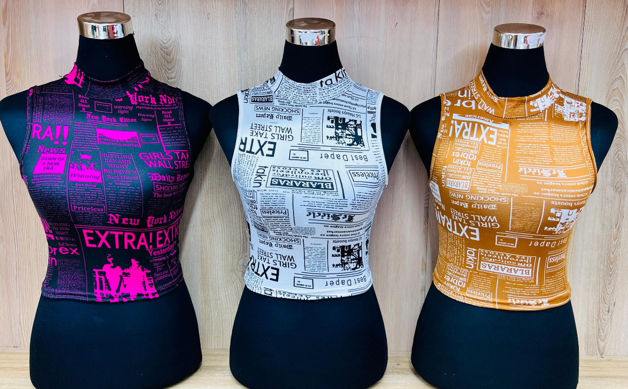Ladies Newspaper Print Mock Neck Crop Tank Top Various Options