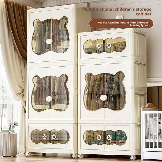 MHome  Kids Bear Wardrobe/Multifunctional Collapsible Plastic Wardrobe for Kids- Storage Cabinet – Dustproof Organizer for Baby Clothes, Toys & Books with Wheels & Hangers- Beige/Various Sizes