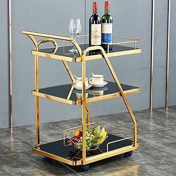 MFurn Gold Bar Carts with 3-Tier Storage Shelves, Home Bar Serving Carts.