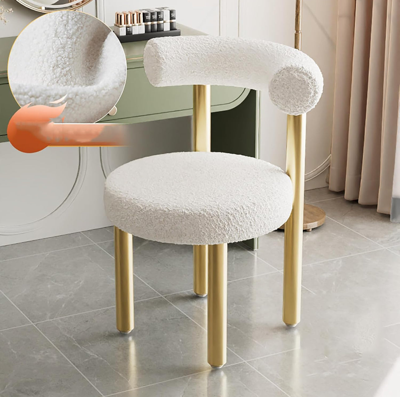 MHome Velvet Dining Chair, Modern Sherpa Kitchen Chairs with Metal Legs, Curved Backrest Chairs For Living Room- Available in Black or White