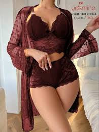 Womens Sexy Lingerie Robe Set - 3 Piece Women's Lingerie Lace Floral Robe with Bra and Panty Set Babydoll Sheer Nightgown-Various Colours
