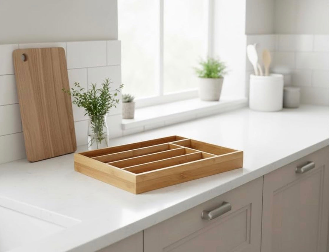 MHome Bamboo Cutlery-Multipurpose Tray - Kitchen Drawer Organiser with 5 Compartments - Durable, Durable, Eco-Friendly