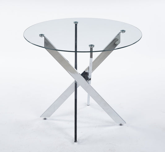 MFURN 130cm Round Glass Dining Table with Chrome Cross Metal Legs