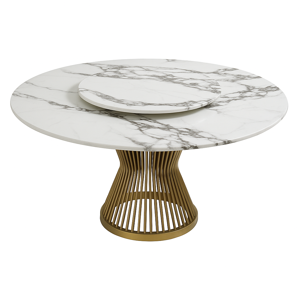 MFurn 6-Seater Marble Top Dining Table Set with Velvet Chairs and Gold Legs