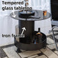 MFURN Double Layer Storage Coffee Table, End Table with Universal Wheel, Movable Round Coffee Table, Iron Side Table with Tempered Glass